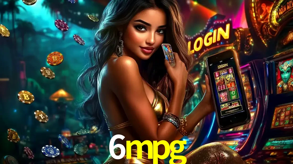 Mulher em um cenário de cassino temático de aventura, mostrando o app de caça-níqueis da 6mpg no celular. Fichas de apostas flutuam ao redor.