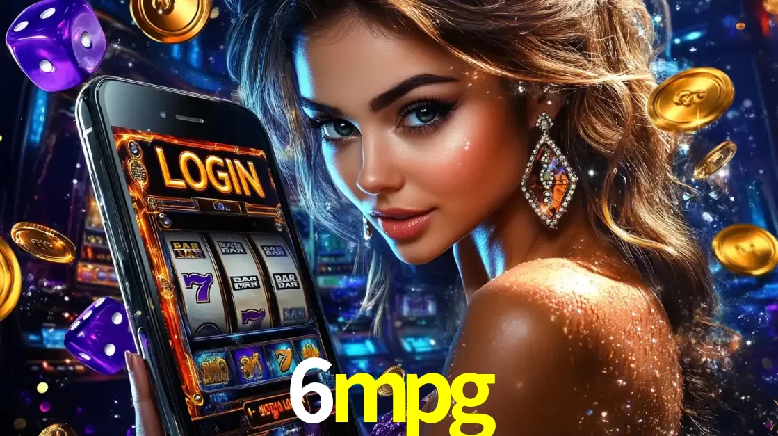 Mulher glamorosa segurando um smartphone com a tela de login para os jogos de caça-níqueis do cassino online 6mpg, com moedas de ouro e dados ao redor.