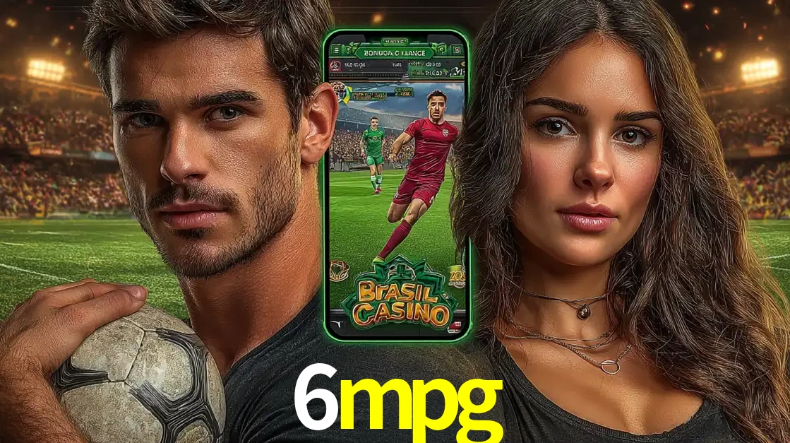 Homem segurando uma bola de futebol e uma mulher ao lado de um smartphone exibindo o jogo de apostas esportivas da 6mpg. Faça seu palpite no cassino online.